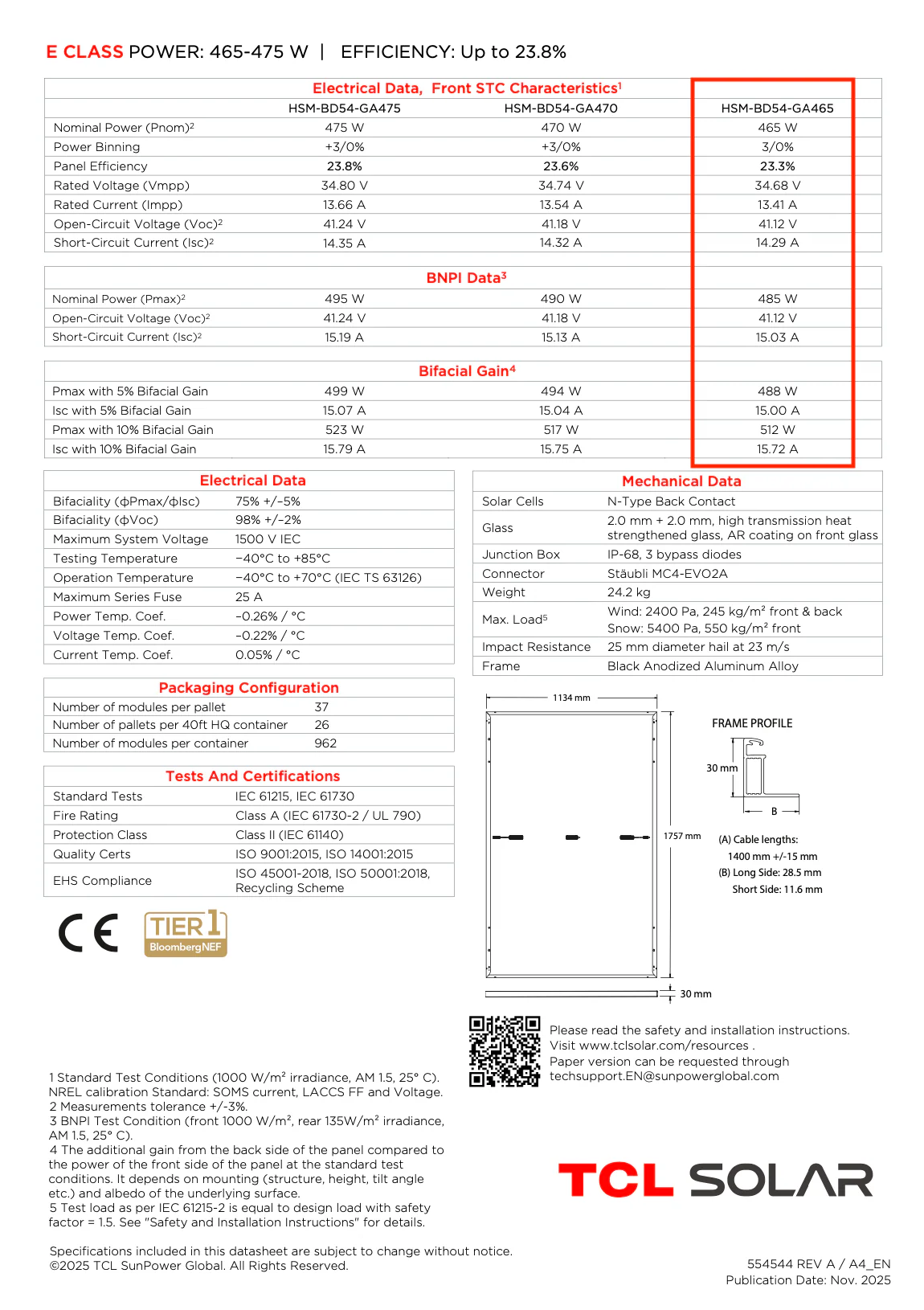 TCL HSM-BD54-GA 465W, Glas/Glas, BackContact, Black Frame, 36 Stück - Image 3